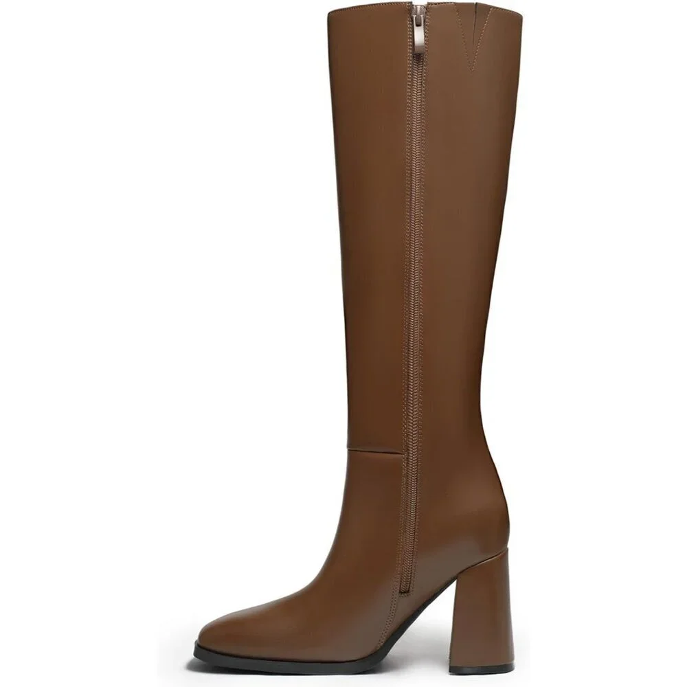 🆕Women's Faux Leather Tan Square Toe Side Zipper Chunky Heel Knee High Boots